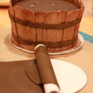over a cake board that is slightly smaller than the cake to support all the items placed onto the tiers. Chill the cake tiers until you are ready to assemble.
