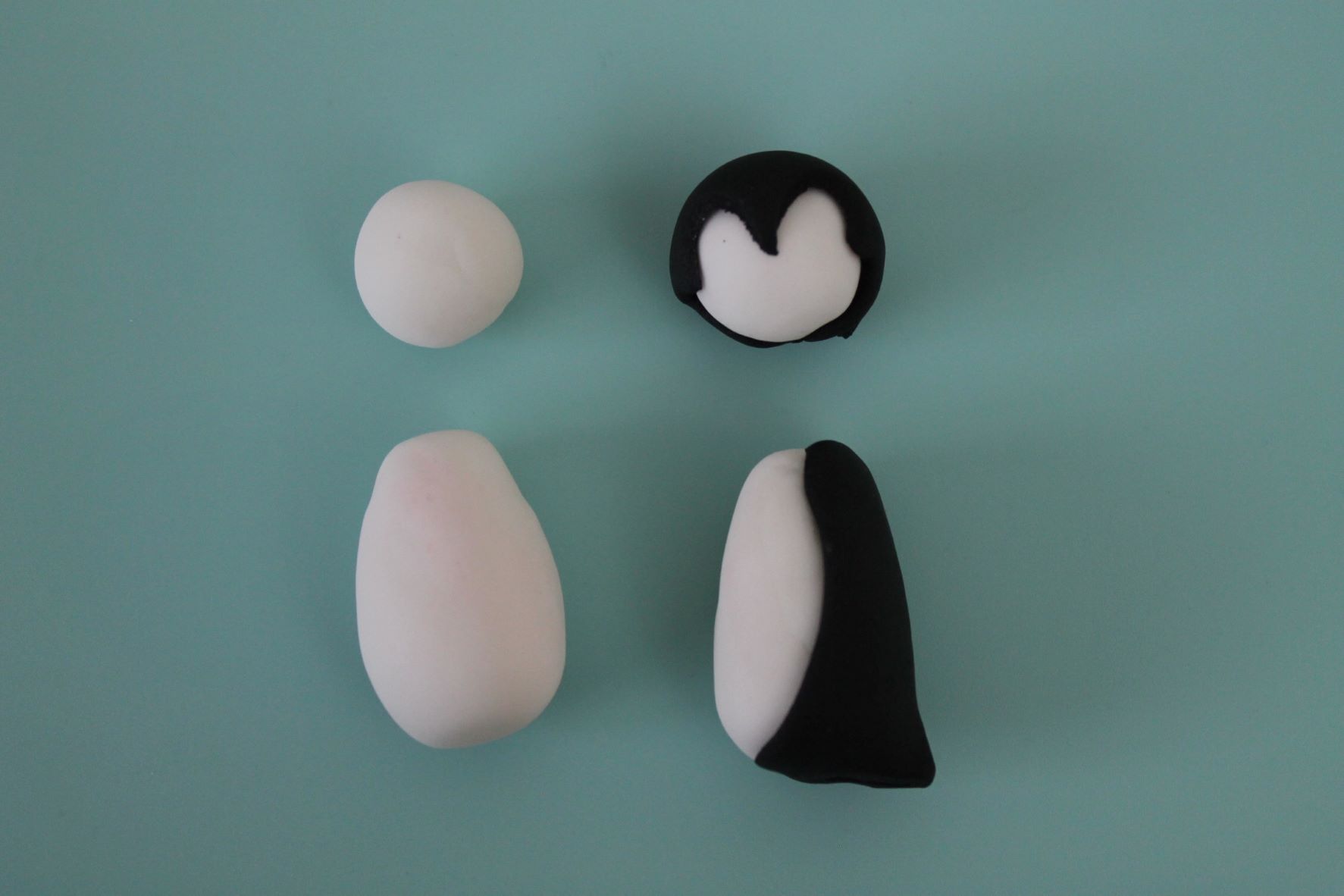 For the penguin, roll a small white ball of modelling paste for the penguin’s head and a larger slim teardrop shape for the body. Roll out some black modelling paste and cut out two small circles at one end creating a point. Roll another piece of black, this time a rectangle just longer than the body that wraps around the back of the body, from one side of the body to the other. Attach the rectangular piece to the back of the body, pinching slightly at the bum to make a tail. Add the piece with the point to the head, wrapping it around the ball shaped head so that it leaves a white area at the front of the face.