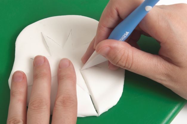 Roll out the white flower paste so it is fairly thick and cut out a star shape. If you want it to come out perfectly, you can first make a stencil on a piece of paper. When done, push a toothpick into its base.
